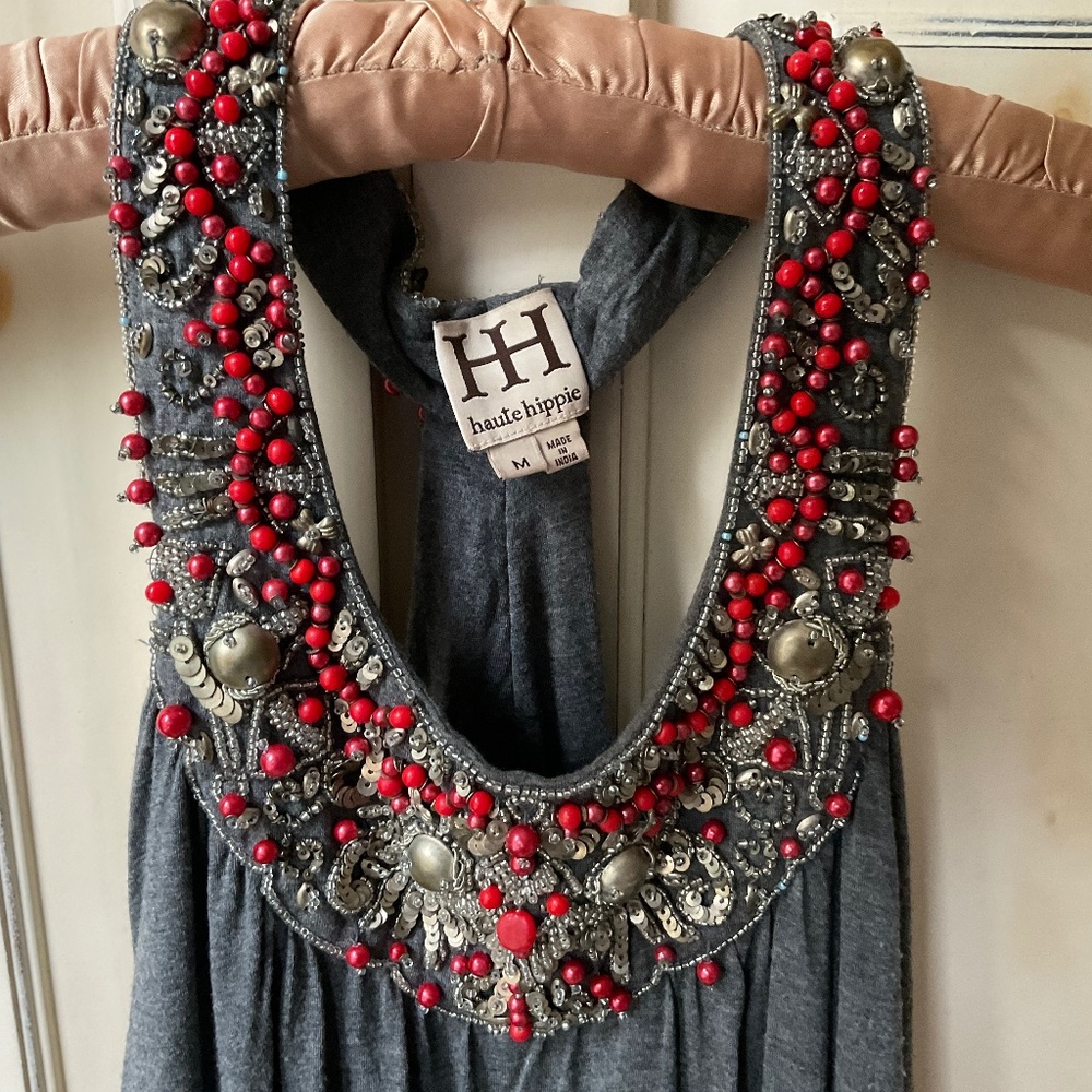 Haute Hippie Blouse Womens Medium beaded neckline/collar Boho Top